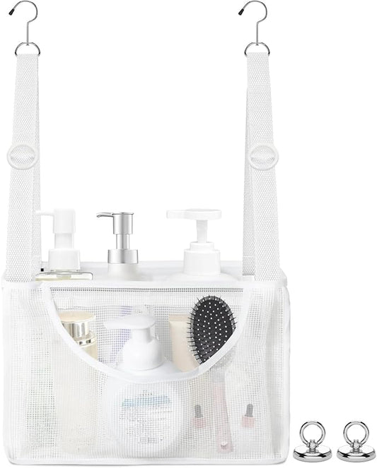 PVC Mesh Hanging Shower Caddy Organizer with 2pc Magnetic Hooks, Portable Adjustable Travel Bathroom Bag with Pockets for RV, Camping, Cruise, Dorm, Gym, White, 12“x5 x7（LxWxH）