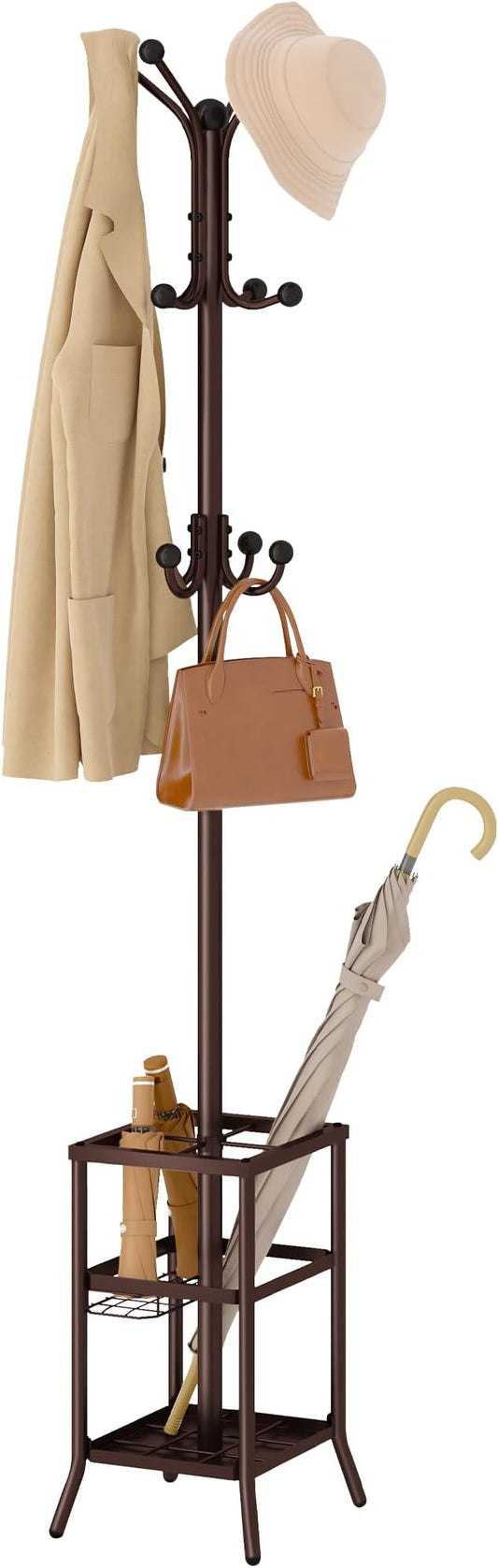 FAVOOSTY Coat Rack Freestanding,Coat Rack Stand with Umbrella Holder,Metal Coat Tree with 12 Hooks,Tree Clothes Hat for Entryway, Hallway, Bedroom, Living Room & Office -Brown