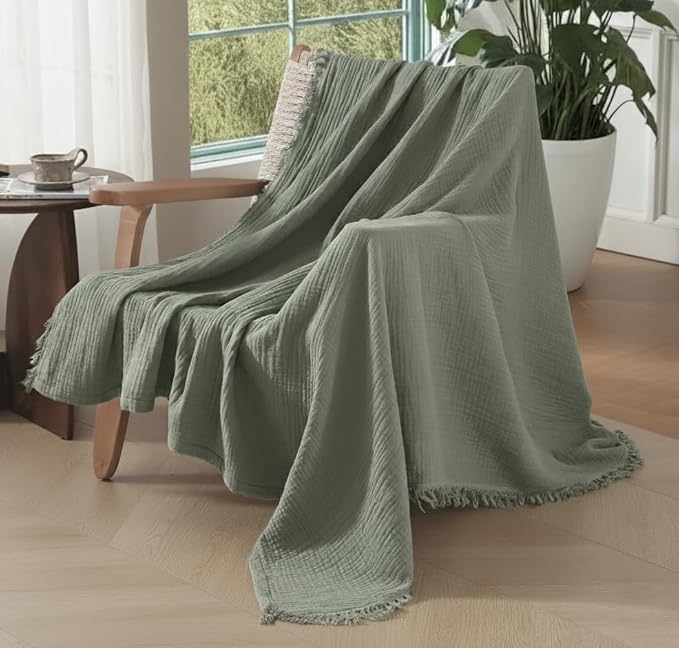 KyraHome Cotton Throw Blankets for Couch, Kids, 50"x60" 100% Organic Cotton Plant Dyed Breathable Lightweight Warm Gauze Muslin Blankets for Adults, Travel, All Season, Sage Green