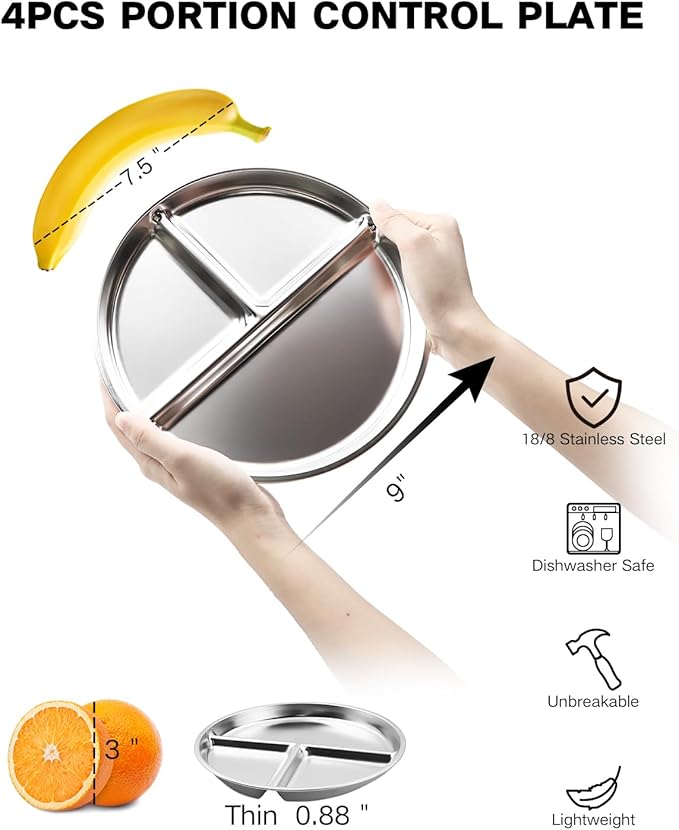 Stainless Steel Kids Plates Set of 4, 9" Portion Control Plates Divided Plate for Adults Toddlers Balance Lunch, Bariatric & Diabetic Diet, Non Toxic Camping Metal Snack Plate for Eating
