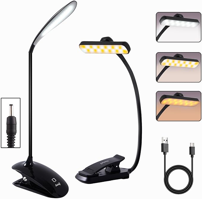 2PCS LED Rechargeable Book Light for Reading with Memory Function- Eye Caring 3 Color Temperatures, Reading Light 5 Brightness Levels, 80 Hrs Runtime Flexible Goose Neck Clip on Desk Lamp