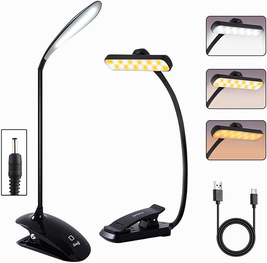 2PCS LED Rechargeable Book Light for Reading with Memory Function- Eye Caring 3 Color Temperatures, Reading Light 5 Brightness Levels, 80 Hrs Runtime Flexible Goose Neck Clip on Desk Lamp