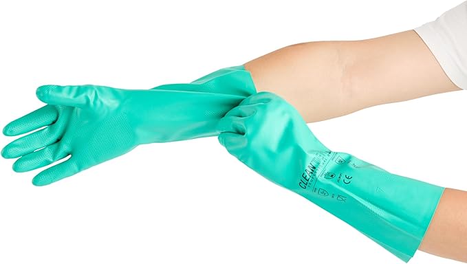 Green Cleaning Gloves 10 Pairs 15 Mil Thick Large Heavy-Duty Nitrile Gloves With Long Cuff No-Latex Flock Lining For Use In Hospitals, Laboratories, Kitchens and Households
