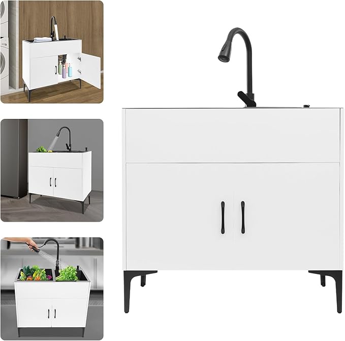 32-Inch Utility Sink Cabinet with Pull-Out Sprayer Faucet, Laundry Sink with Cabinets and Stainless Steel Double Sinks, Freestanding Cabinet with Sink for Laundry&Utility Room, Kitchen, Bathroom