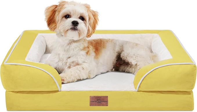 Comfort Expression Orthopedic Dog Bed for Medium Dogs 28x19 Inch, Waterproof Egg Crate Foam Medium Pet Bed with Removable Bolsters, Dog Couch with Washable Cover & Non-Slip Bottom, Spicy Mustard