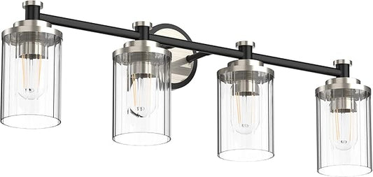 Bathroom Lighting Fixtures Black and Brushed Nickel Bathroom Vanity Light with Cylindrical Clear Stripes Glass Lampshade E26 Socket Base Bathroom Lighting Fixtures Over Mirror (4 Lights)