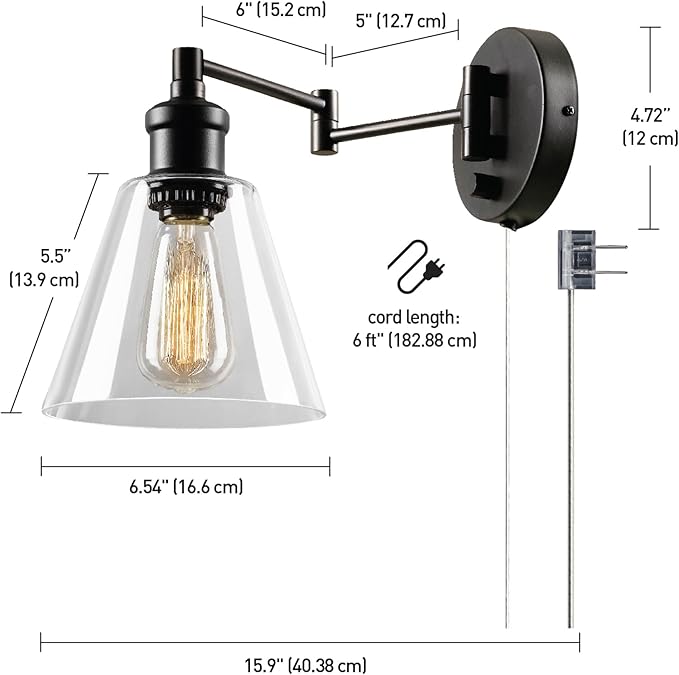 Globe Electric 65311 1-Light Plug-in or Hardwire Industrial Wall Sconce, Dark Bronze Finish, On/Off Rotary Switch, 6ft Clear Cord, Clear Glass Shade, Wall Lights for Living Room, Apartment Essentials