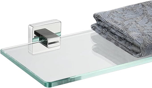 JQK Bathroom Glass Shelf, Floating Tempered Glass Shower Storage 20 by 5 inches, 304 Stainless Steel Polished Chrome Wall Mount, TGS201L20-CH
