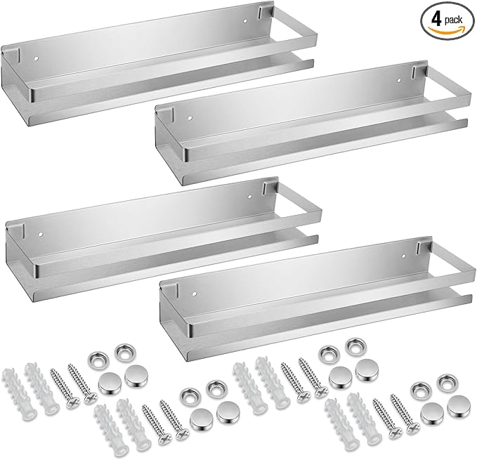Lallisa 4 Pieces Stainless Steel Shelf Bathroom Shower Floating Shelves Wall Mounted Shower Caddy Basket Shelf Storage Organizer Shelves for Bathroom, Kitchen, Living Room, Silver, 15.75 Inch