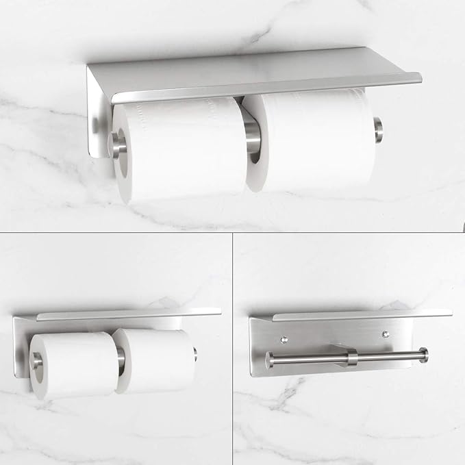 Double Paper Holder, Paper Roll Holder with Shelf, Stainless Steel Roll Holder for or Bathroom Wall Mount Brushed Finish