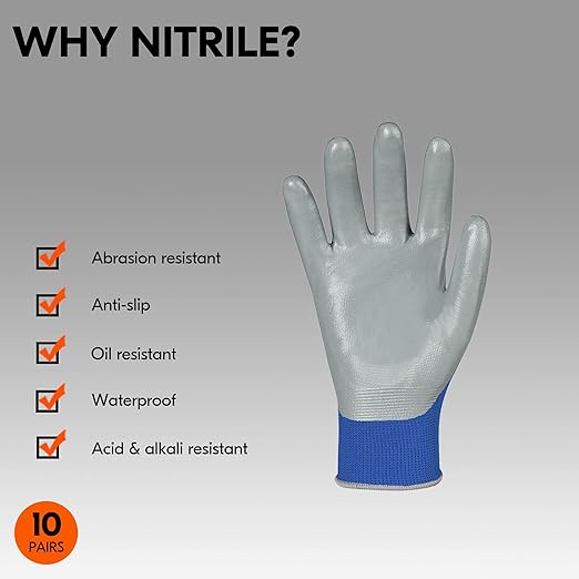 10-Pairs Safety Work Gloves, Gardening Gloves, Non-slip Nitrile coating, Dipping Gloves (Size S, Blue, NT2110)