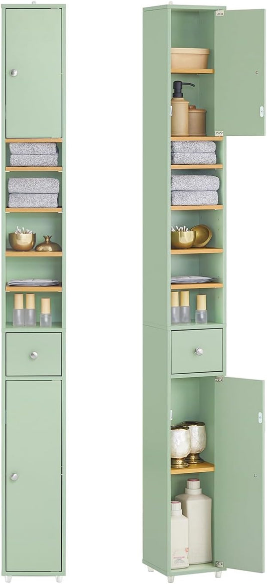 SoBuy Bathroom Narrow Storage Cabinet Skinny Tall Unit with Adjustable Shelves Slender Anti-Tipping Floor Standing Cupboard, Light Green BZR34-GR
