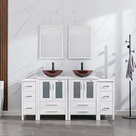 eclife 72" Modern Bathroom Vanity Sink Combo Freestanding Cabinet with Small Side Cabinet, Brown Round Glass Vessel Sink, Water Save Faucet, Drain (White+A09)