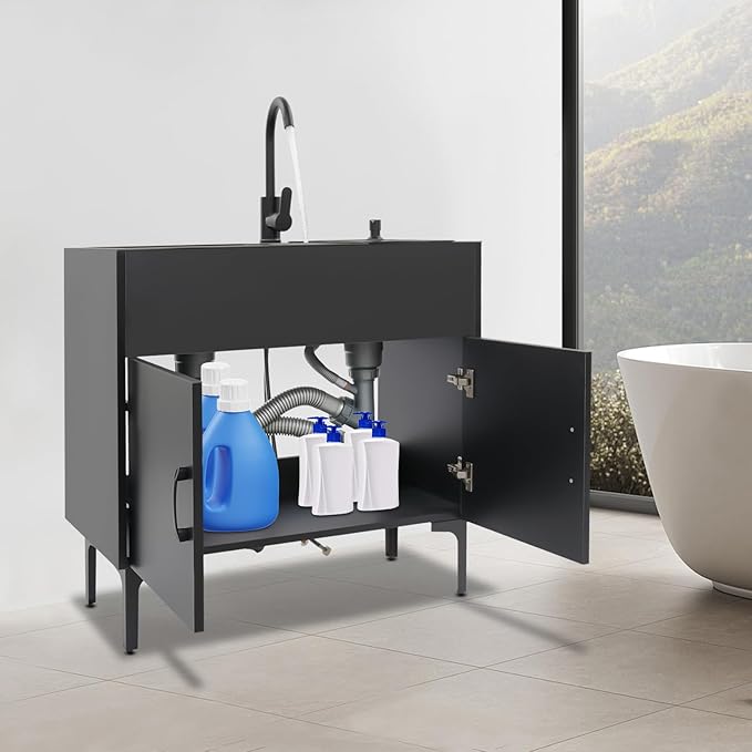 32-Inch Utility Sink Cabinet with 360° Swivel Hot/Cold Faucet, Laundry Sink with Cabinets and Stainless Steel Double Sinks, Freestanding Cabinet with Sink for Laundry&Utility Room, Kitchen, Bathroom