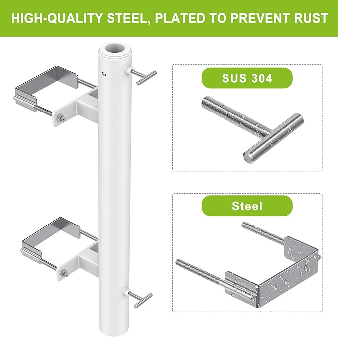 Dolibest Heavy Duty Patio Umbrella Holder, Steel Deck Clamp Holder up to 2'' Poles, Deck Mount Umbrella Holder, Space Saving Design, Attaches to Railing Max Width 4 inch, Easy Installation- White