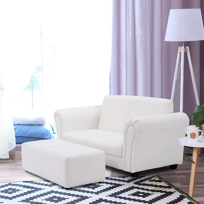 Costzon Kids Couch with Footstool, 2 in 1 Double Seat Children's Sofa w/PU Leather Surface, Armrest Chair Lounge, Soft Sofa for Preschool Bedroom Kids Room Toddlers Boys Girls Birthday (White)