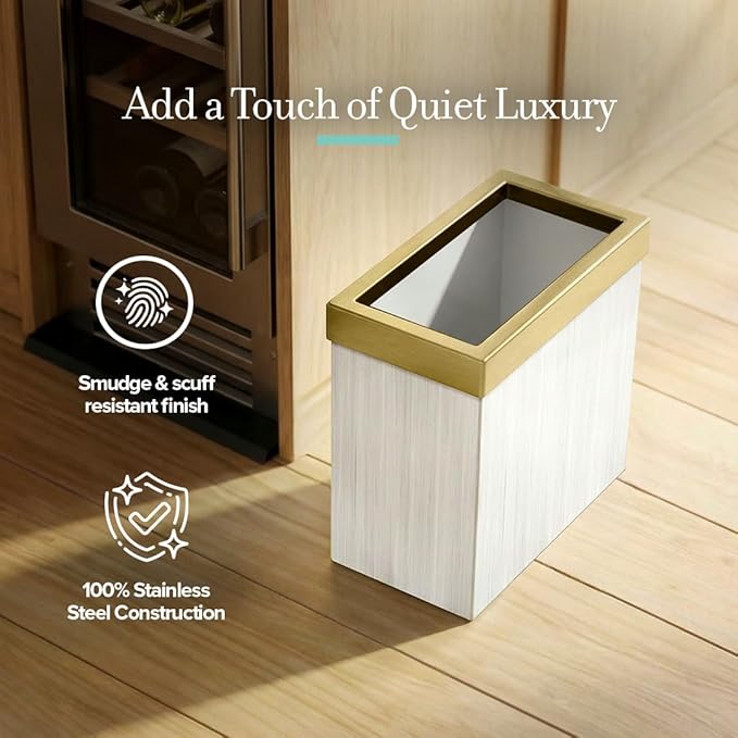 Gatco Modern Rectangle Wastebasket, White Oak/Brushed Brass Lid - Stainless Steel Trash Can with Removable Lid, Leakproof, 3 Gallon Capacity for Bathroom, Bedroom, Kitchen, or Office