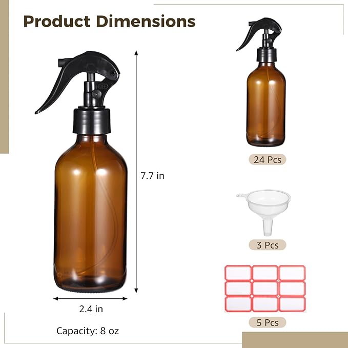 24 PCS 8 oz Glass Spray Bottles - Brown Glass Sprayer with Funnels and Labels, Refillable Fine Mist Trigger Bottles for Essential Oils, Cleaning Solutions, Haircare, Room Fresheners, DIY Cosmetics
