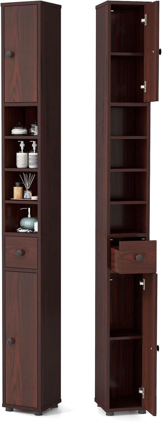 Giantex Slim Bathroom Storage Cabinet - 71” Tall Narrow Floor Cabinet Cupboard with 2 Doors, 5 Adjustable Shelves, 1 Drawer, Anti-Tipping Device, 2 Pack Thin Linen Tower Cabinet, Reddish Brown