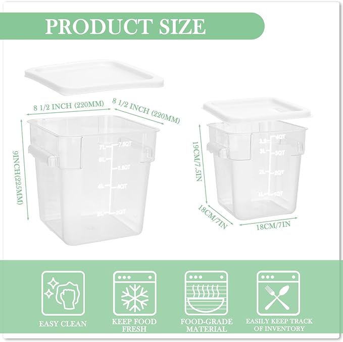 Lallisa 4 Pcs 8qt & 4qt Clear Food Storage Containers with Lids Handles and Scales, Stackable Plastic Square Food Storage Containers for Dough Proofing Baking Kitchen Restaurant(White)