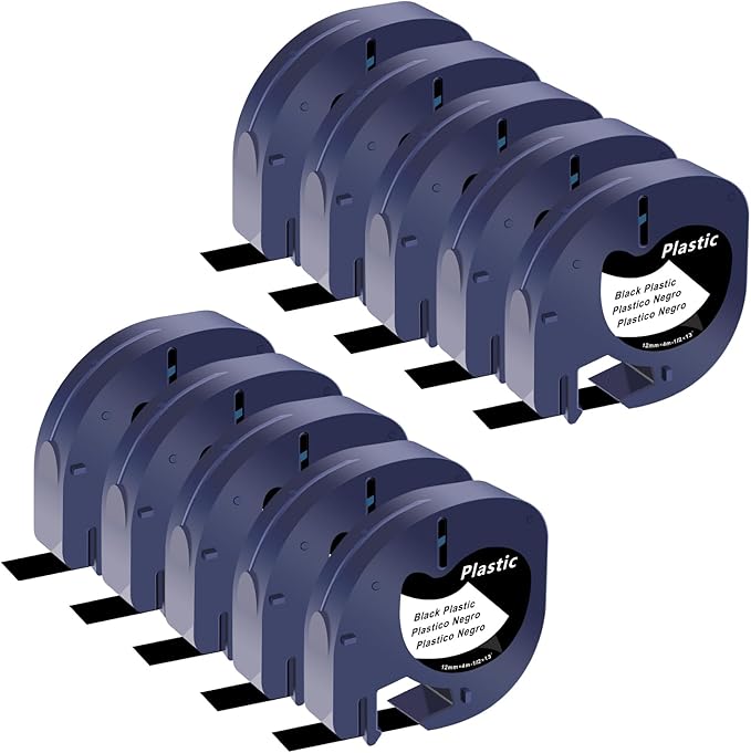 10 Pack Compatible for Dymo Label Maker Refills 913318 White on Black Plastic Label Maker Tape 12mm x 4m (1/2" x 13') for Dymo Letra Tag Refills 200B LT100H LT100T LT110T
