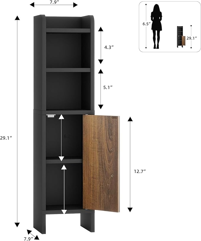 Small Bathroom Storage Corner Floor Cabinet Narrow Toilet Paper Cabinet with Adjustable Shelves Wooden Slim Bathroom Organizers and Storage with Fluted Door for Small Spaces, Black