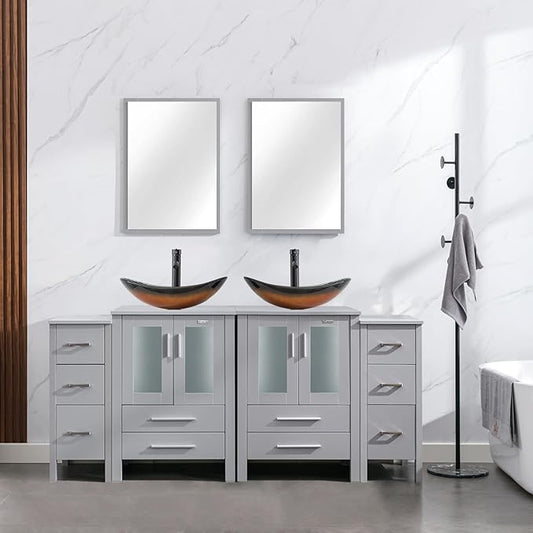 eclife 72" Modern Bathroom Vanity Sink Combo Freestanding Cabinet with Small Side Cabinet, Brown Boat Glass Vessel Sink, Water Save Faucet, Drain (Gray+A29BR)
