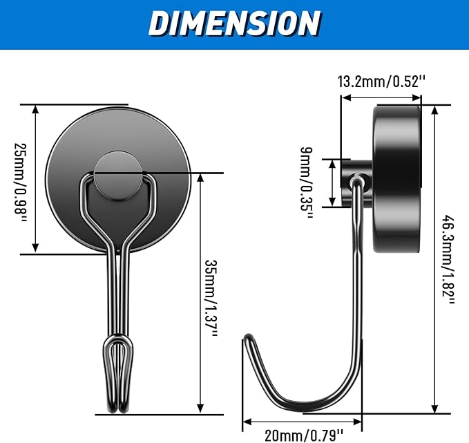 Grtard Black Magnetic Hooks, 65LBS Strong Magnetic Hooks Heavy Duty, 10Pack Neodymium Magnet Hooks for Cruise Cabin, Swivel Swing Magnets with Hooks for Refrigerator, Grill, Hanging, Classroom, Garage