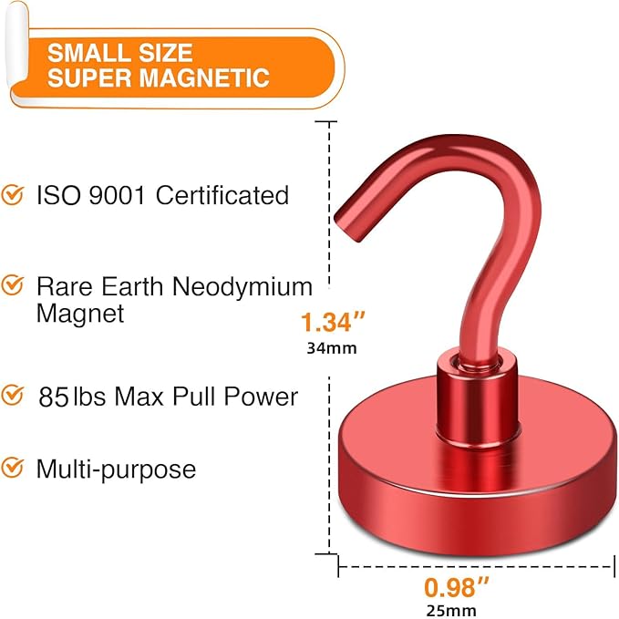 MIKEDE Strong Magnetic Hooks, 120Lbs Heavy Duty Magnetic Hooks for Cruise, Neodymium Earth Magnets with Hooks for Hanging, Super Metal Magnetic Hanger for Grill, Storage (Red,10 Pack)