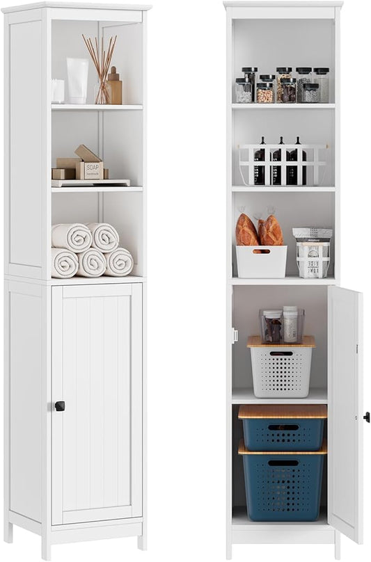 RRX Tall Bathroom Storage Cabinet,Slim Cabinet with Door &Shelf,13.8" L*12.6" W*63.4" H,Freestanding Narrow Cabinet with Anti-Tip,Storage for Kitchen,Entryway (Pure White)