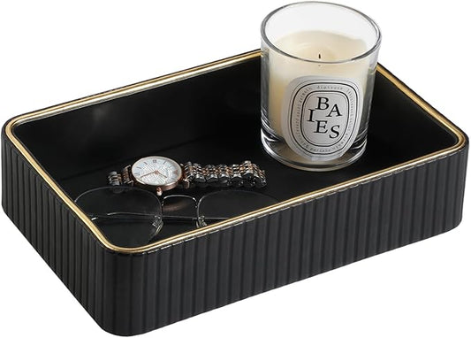 Desk Organizer Tray, PU Leather Nightstand Organizer Perfume Valet Tray for Men Women, Decorative Vanity Trays Trinket Dish Key Bowl for Entryway Table (Black, Small)