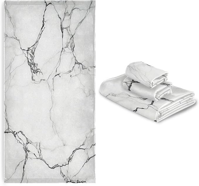 Marble White Towels Set of 3 Marbling Texture Art Bathroom Towel Soft Absorbent Bath Hand Towels Washcloth Guest Towel Sets Bathroom Decorations