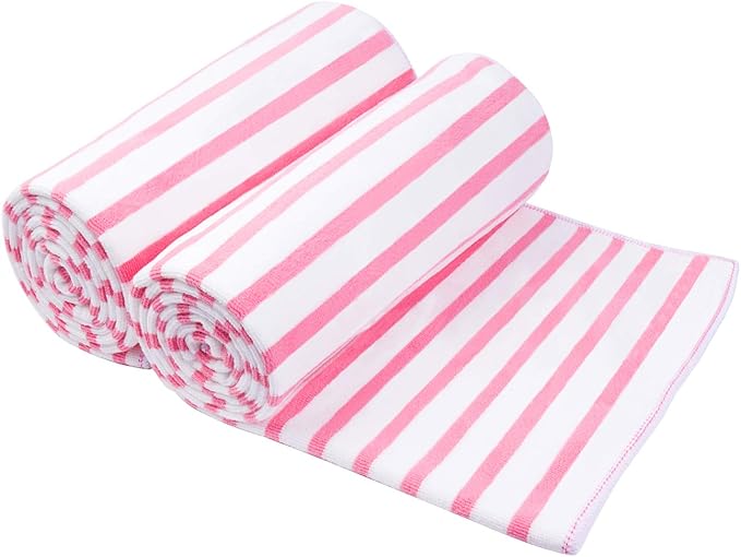Microfiber Bath Towels Set, 2 Pack, 30" x 60", Absorbent Quick Drying Beach Towel Cabana Stripe for Adult, Travel, Summer, Sport, Swimming, Pool, Yoga, Camping, Microfiber StripePink