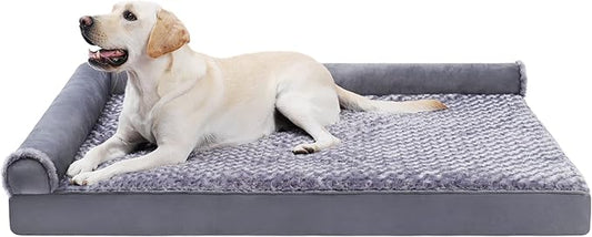 MIHIKK Orthopedic Dog Couch Bed Deluxe Plush L-Shaped with Waterproof Lining Bolster Dog Sleeping Sofa with Removable Washable Cover & Nonskid Bottom Pet Bed for Jumbo Dogs, Gray