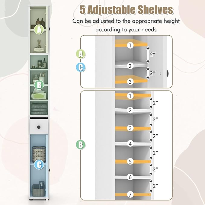71" Tall Narrow Bathroom Storage Cabinet, Modern Skinny Toilet Paper Storage Organizer w/1 Drawer, 2 Doors & 5 Adjustable Shelves, Slim Tower Floor Cabinets for Small Spaces