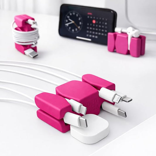 CordBrick Stocking Stuffers for Adults Cord Management Weighted Cord Holder Cable Wrap Phone Stand - Multiuse Gadget Organizer for Nightstand, Desk. Gift for Men, Durable Silicone. 2pk Pink