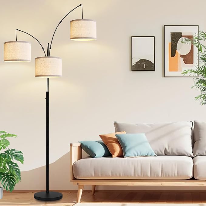 Dimmable Floor Lamp - 3 Lights Arc Floor Lamps for Living Room, 1000LM Modern Tall Standing Lamp with White Shades & Heavy Base, Mid Century Tree Floor Lamp for Bedroom Office, 3 LED Bulbs Included