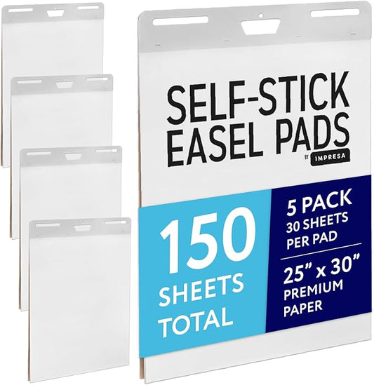 IMPRESA Sticky Easel Pads - Strong Adhesive for Office Supplies - Portable for Flip Chart Easels - Heavyweight White Surface for Art Supplies - 25 x 30 in, White, Pack of 5, 150 Sheets