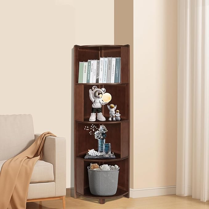 DOUSY-4 Tier Bamboo Corner Shelf, Modern Corner Bookshelf, 56.2" Tall Stylish Book Case Display Rack Plant Stand for Living Room, Bedroom, Home Office, Kitchen, Walnut