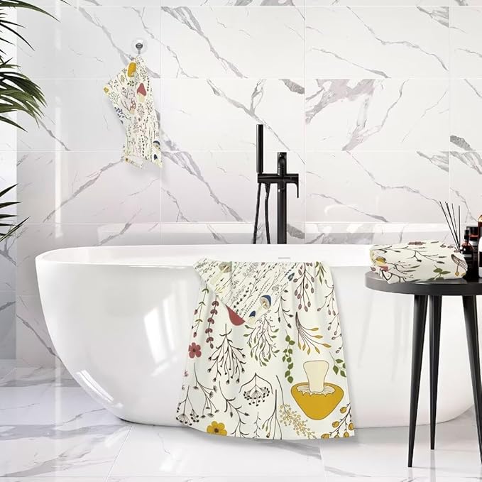 Boho Mushroom Bath Towels Set, 3 Piece Absorbent Microfiber Spring Colorful Wildflower Plant Set (1 Bath, 1 Hand, 1 Washcloth), Decorative for Bathroom, Hair, Face