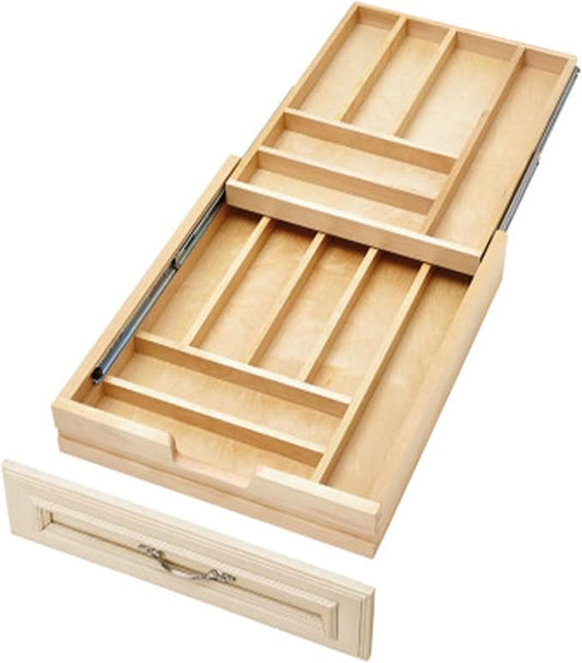 Rev-A-Shelf Two-Tier Kitchen Utensil Drawer Organizer & Pullout Cutlery Tray, Soft-Close Slides, 18" Cabinet Opening, Wood, 4WTCD-21HSC-1