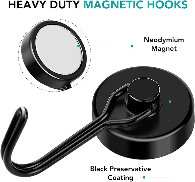 DIYMAG Black Magnetic Hooks, 120LBS Strong Magnetics Heavy Duty, Cruise Ship Essentials Magnets with Metal Hook for Hanging Refrigerator Home Kitchen Office, 8Pack