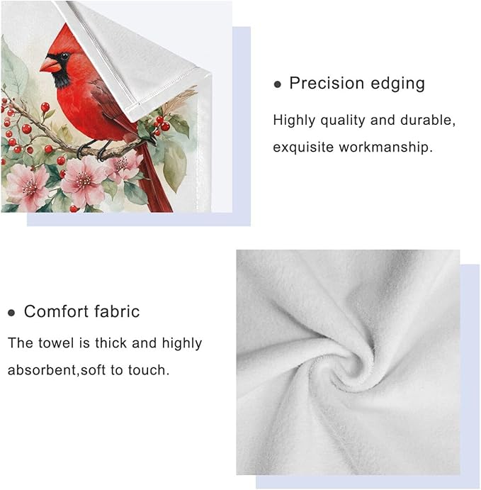 Christmas Winter Towels Set of 3 Red Cardinal Bird on Beautiful Flowers Bathroom Towel Soft Absorbent Bath Hand Towels Washcloth Guest Towel Sets Xmas Holiday Decor