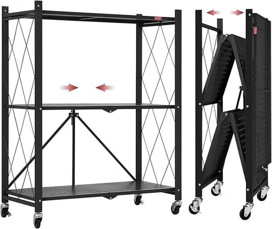DEANIC 3 Tier Foldable Storage Shelves with Wheels, Kitchen Appliance Stand, Freestanding Metal Wire Shelf Rack, No Assembly Organizer Rolling Cart for Garage, Basement, Pantry (Black)