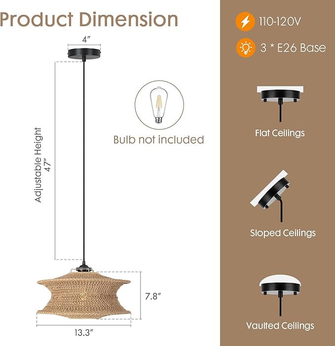 13" Boho Rattan Pendant Light Fixture, Hand Woven Hanging Ceiling Lamp for Kitchen Island, Dining Room, Entryway, Small Rustic Natural Woven Lighting