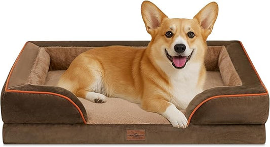 Comfort Expression Orthopedic Dog Bed for Large Dogs 35x22 Inch, Waterproof Supportive Egg Crate Foam Large Pet Bed with Removable Bolsters, Dog Couch with Washable Cover & Non-Slip Bottom, Brown