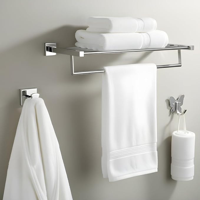 Roshan Handcrafted and Hand Polished Multi Purpose Towel Rack, Rust Proof and Peel Resistant Towel Shelf, Includes 2 Handmade Hooks, PVD Gold Finish (3, Polished Silver)