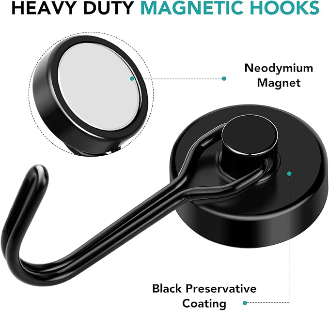 DIYMAG Black Magnetic Hooks, Strong Magnetics Heavy Duty, Magnet Hook with Metal Hanger for Hanging Refrigerator Home Kitchen Office, 4Pack