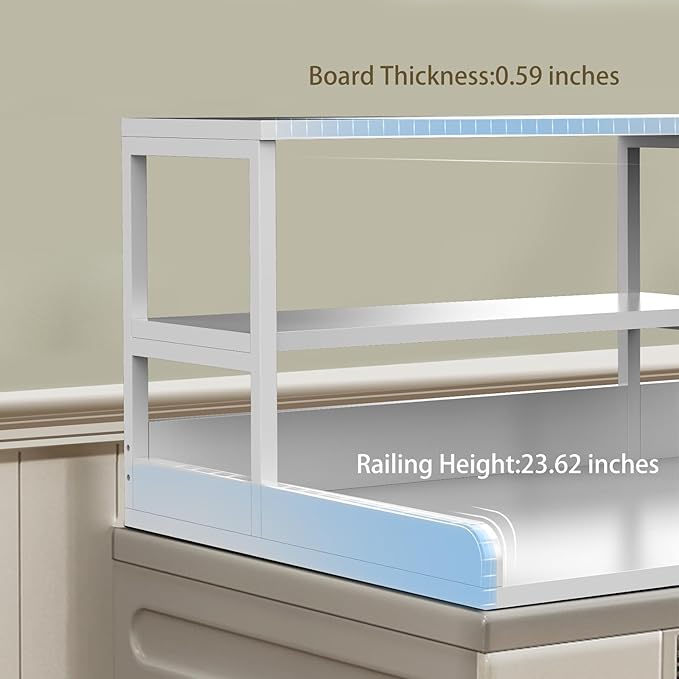 Washer and Dryer Countertop with Shelf, 2-Tier 54" x 27.5" Wood Laundry Countertop, Washer Dryer Topper with High Edge Rails and Hooks, Non-Slip Pads, Waterproof & Heat Resistant Top (White)