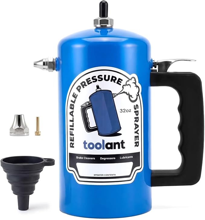 toolant 32oz Refillable Pressurized Sprayer, Steel Canister, Rust-Resistant Lining, Needle Valve Leak-Resistant, 1.0/0.6mm Nozzles, Funnel Included, 200 PSI Max, for Brake Cleaner & Solvents, Blue